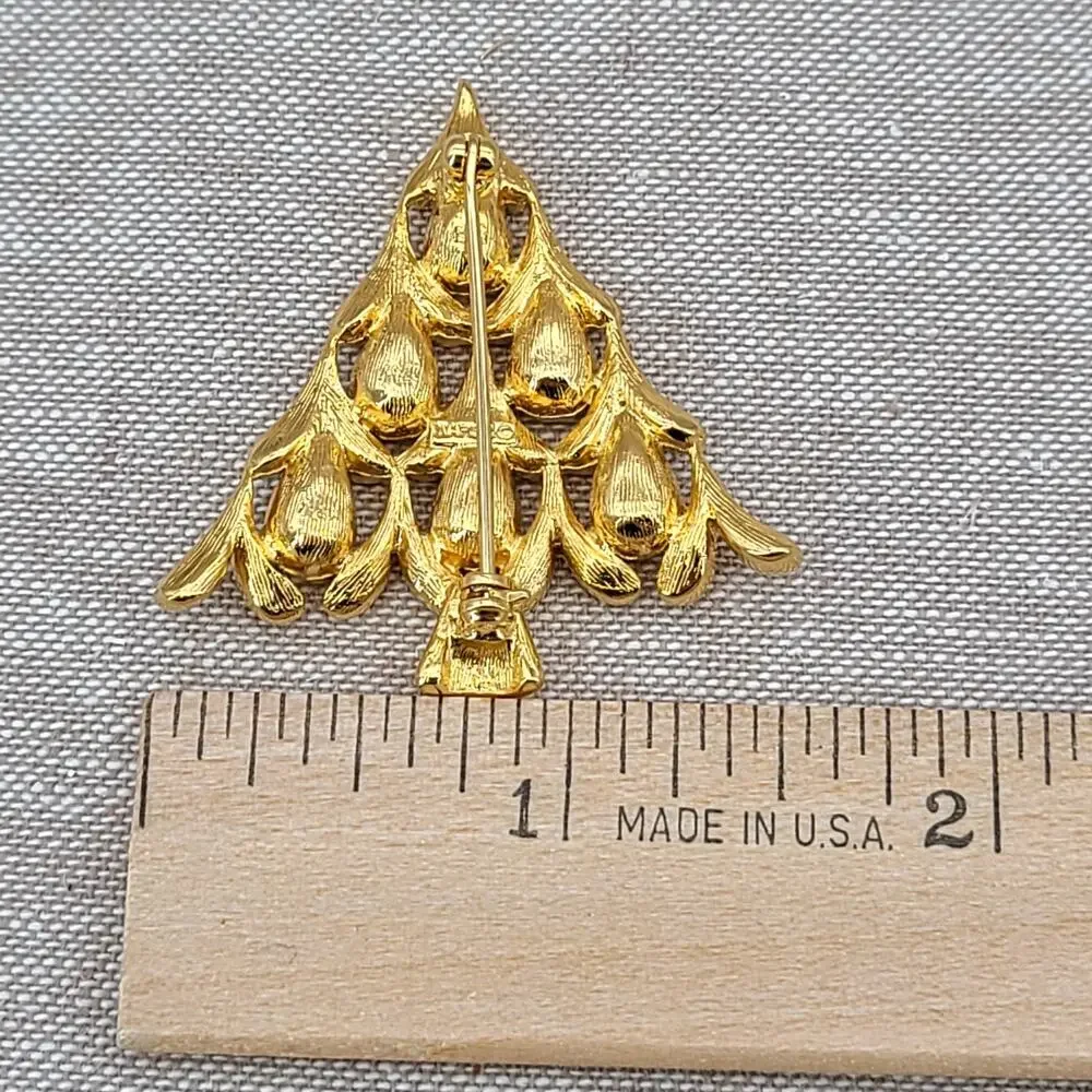 Napier Teardrop Shape Clear Rhinestone Shiny Gold Plated Christmas Tree Brooch